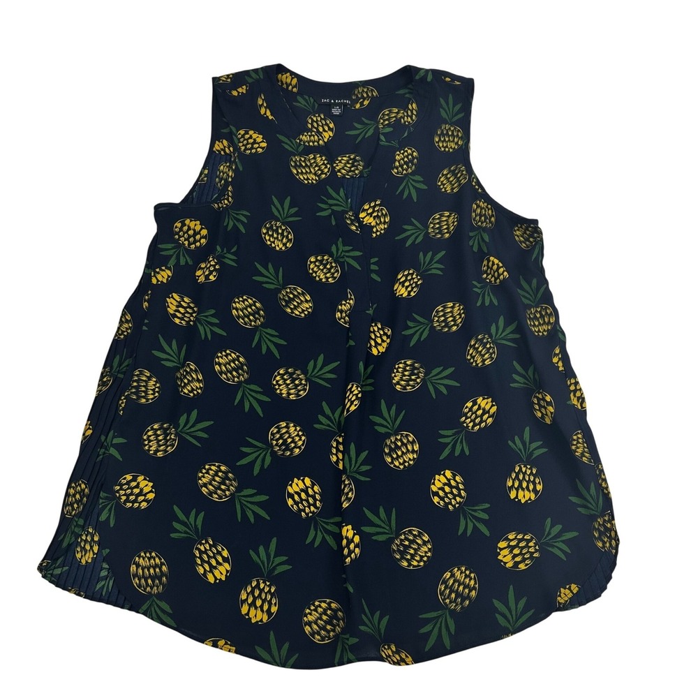 Zac & Rachel Navy Blue Pineapple Print Pleated Back Sleeveless Blouse Women's L
